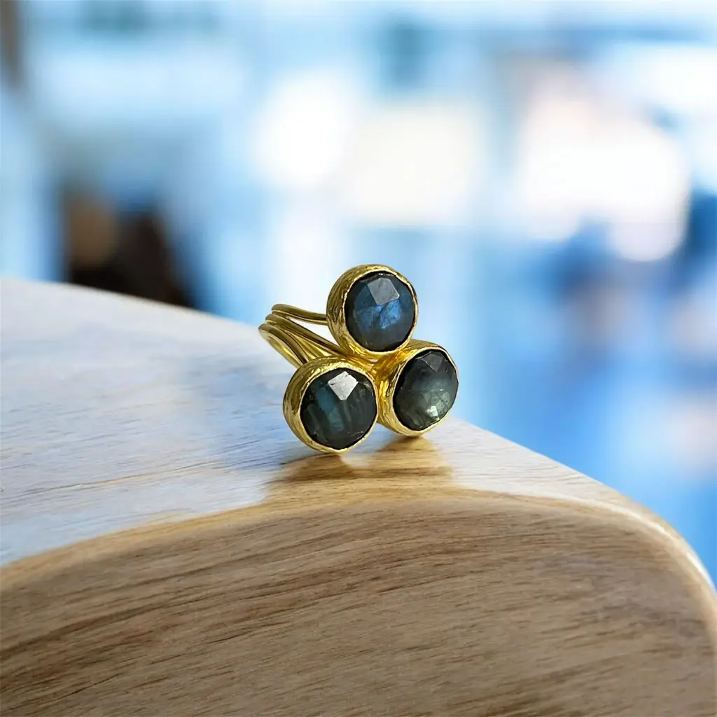 Faceted Labradorite Adjustable Ring 10mm Round Cut