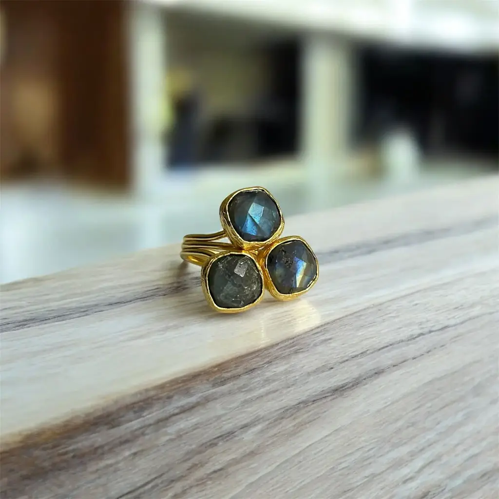 Faceted Labradorite Adjustable Ring 10x10 Square Cut