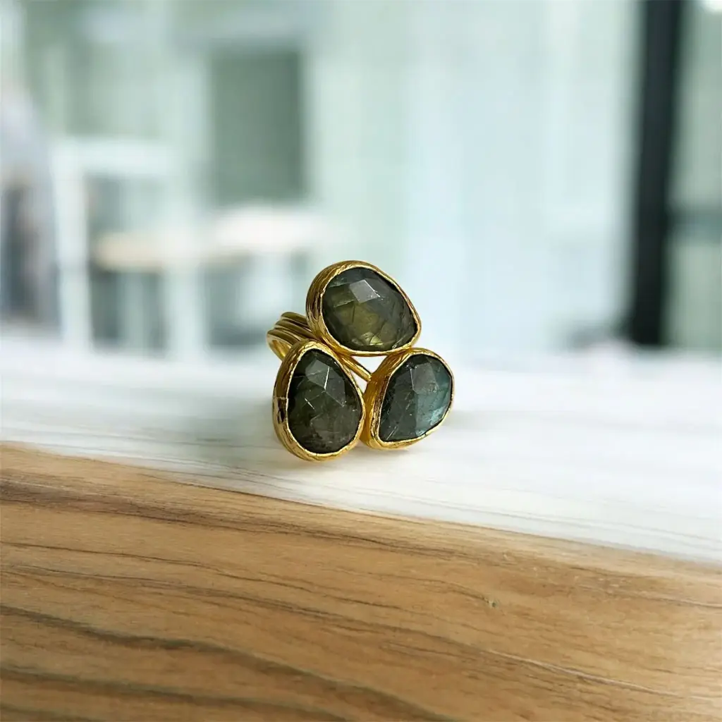 Faceted Labradorite Adjustable Ring 10x14 Drop Cut