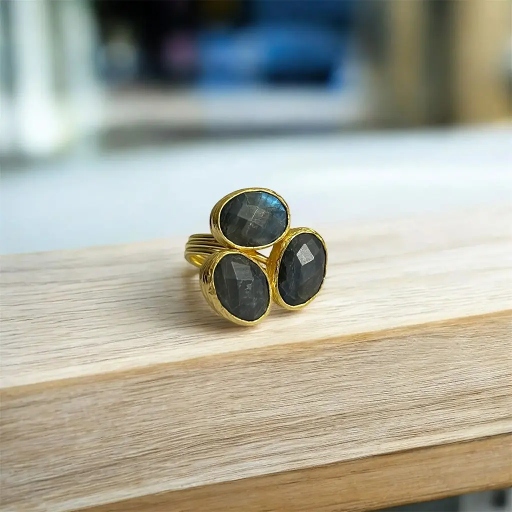 Faceted Labradorite Adjustable Ring 10x14 Oval Cut