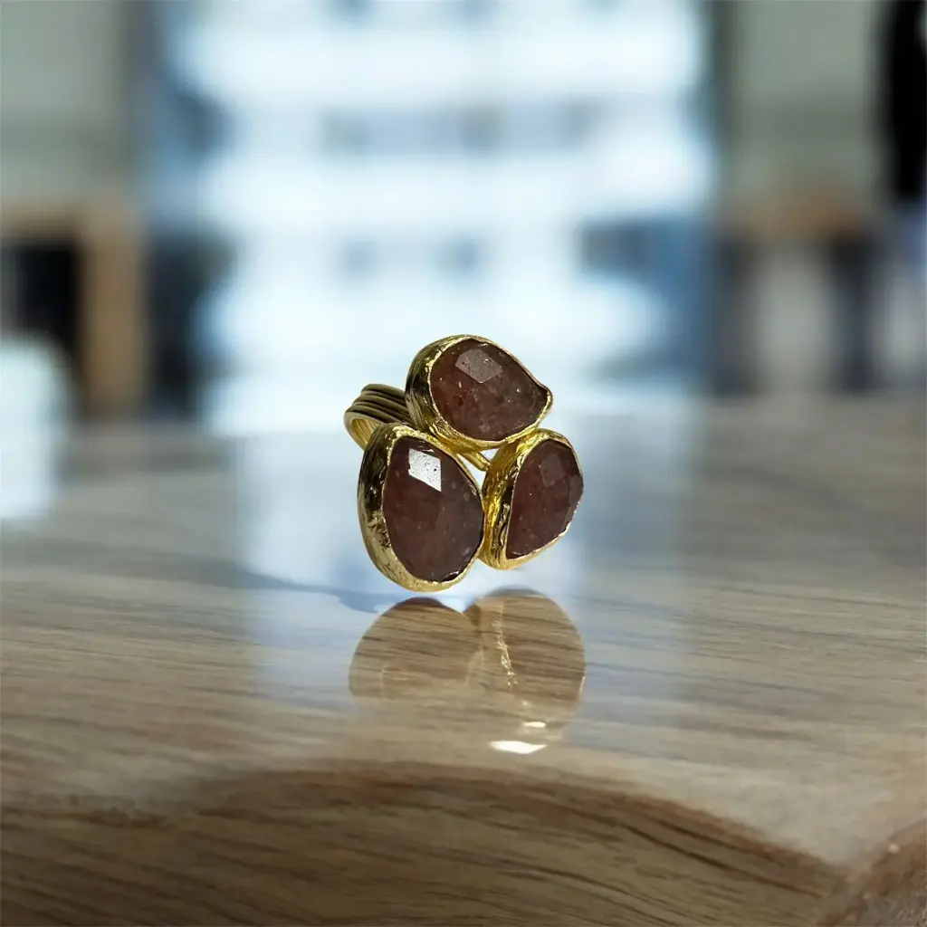 Faceted Strawberry Quartz Adjustable Ring 10x14 Drop Cut