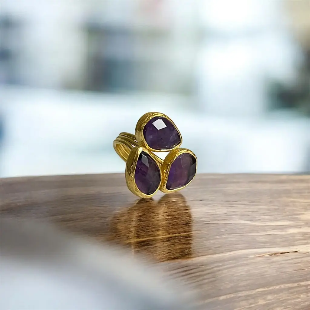 Faceted Amethyst Adjustable Ring 10x14 Drop Cut